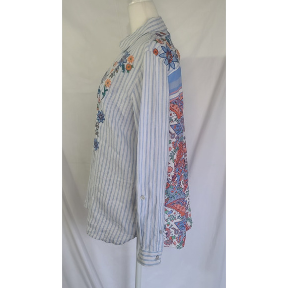 New John Mark White Blue Striped Embroidered Linen Tunic Top Medium - Picture 3 of 5